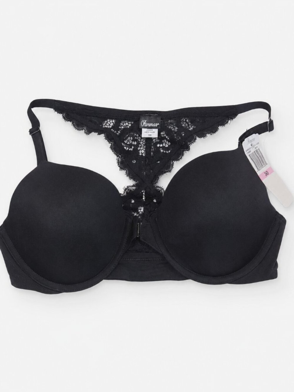 Paramour Abbie Front Close T-Back Bra 36D Black Lace Racerback